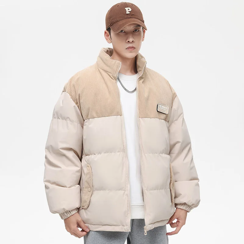 M-3XL 2024 Winter New Standing Collar Cotton Jacket Men's American High Street Thick Loose Cotton Jacket Khaki, White, Black,