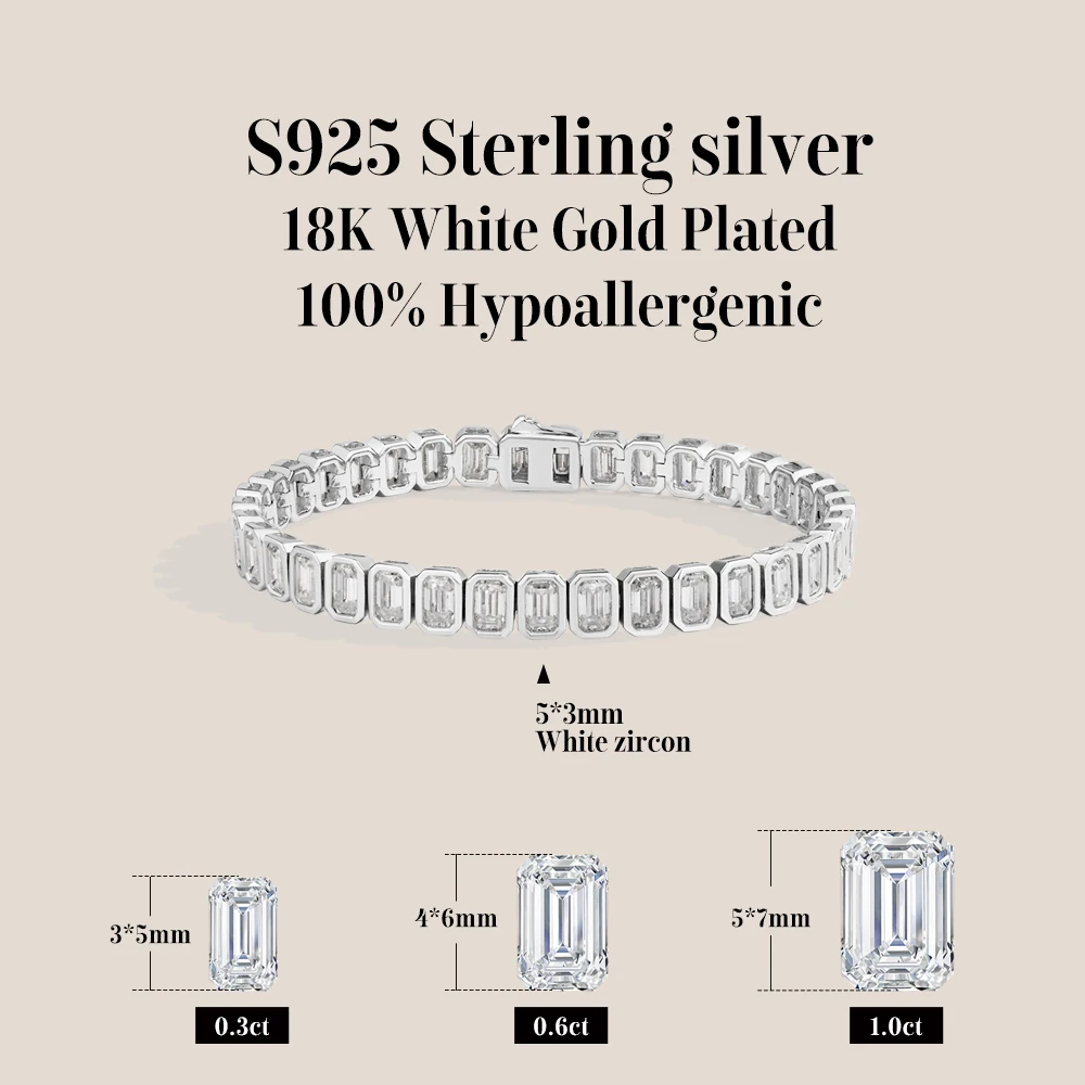 ATTAGEMS Zirconia Tennis Bracelet Emerald cut 5*3mm For Women Man S925 Sterling Silver Gold Plated Wedding Fine Jewelry Gift New