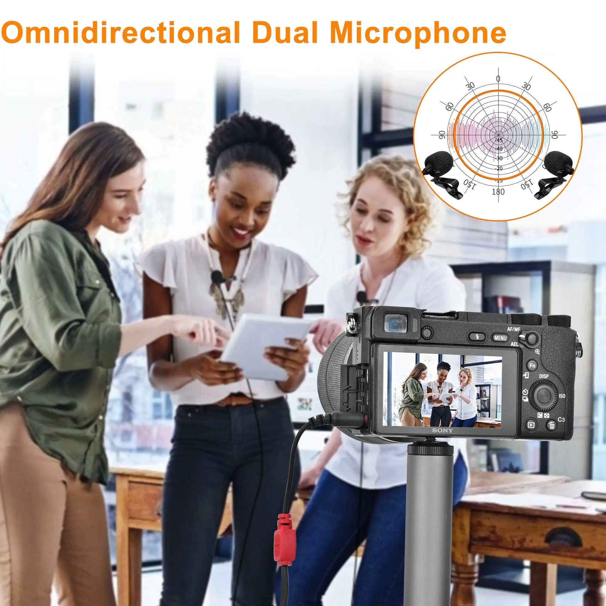 Comica CVM-D02 Dual Lavalier Lapel Microphone Clip-on interview mic for iPhone Android Smartphone for Sony Canon Nikon Cameras