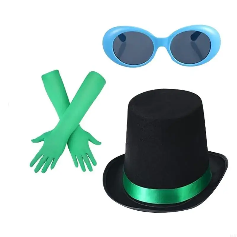 B95F 3 szt. Zielone akcesoria do kostiumów na Halloween postać z książki przebranie na karnawał cylinder okulary długie satynowe