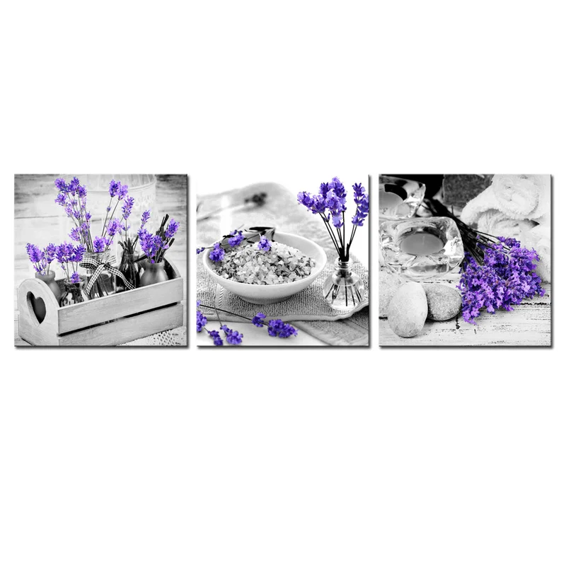 3 Pieces Purple Lavender Wall Art Canvas Painting Elegant Flowers Poster Print Modern Style Picture Living Room Home Decor