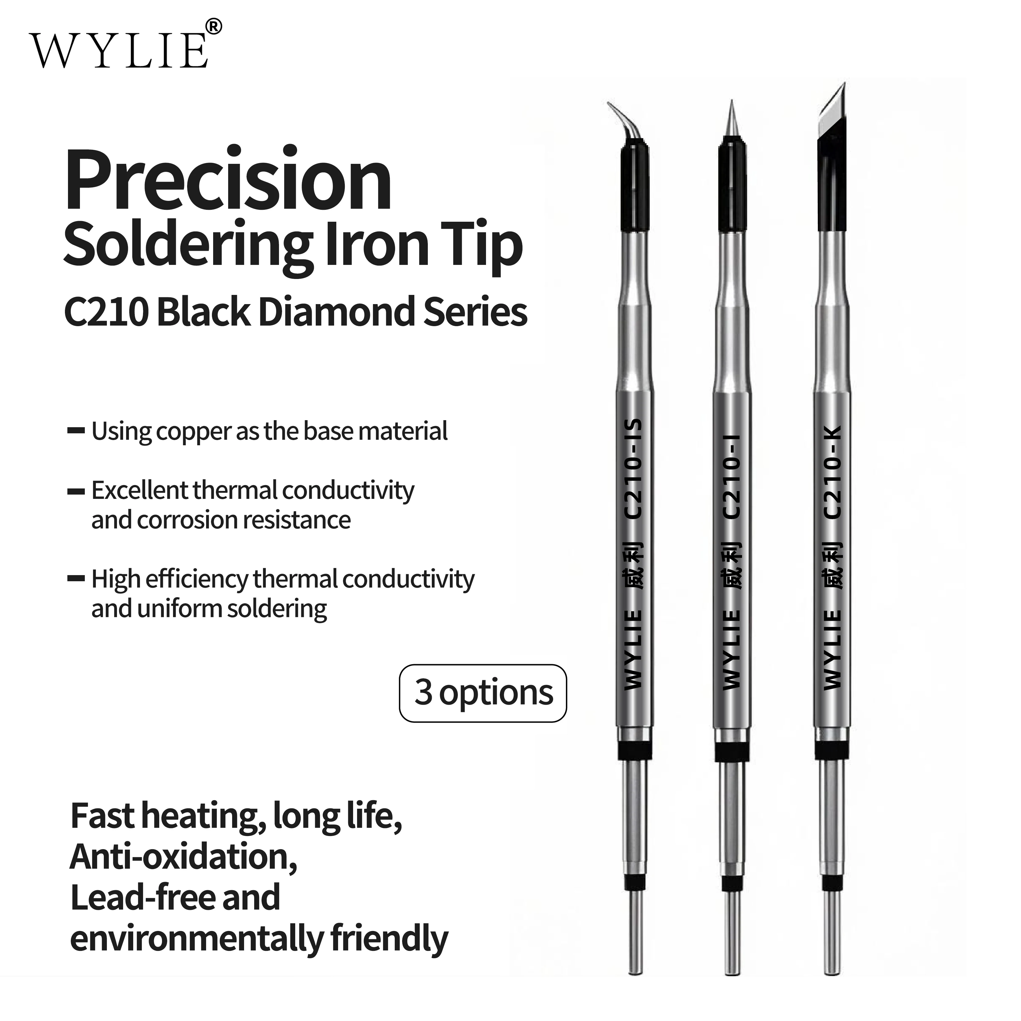

WYLIE Precision Black King Kong Series C210 Soldering Iron Tip Lead-free for Mobile Phone Tablet Motherboard PCB IC Welding Tool