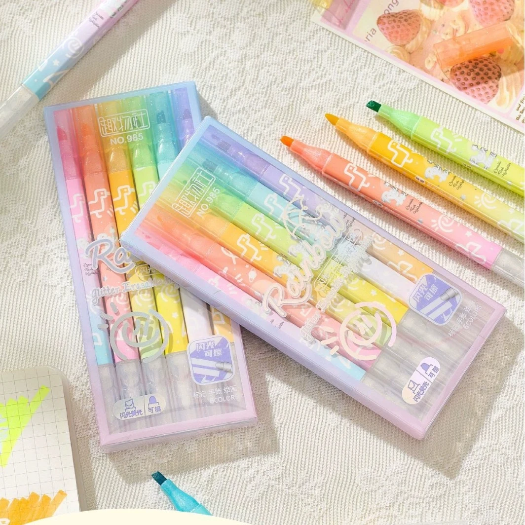 6/12 Farben Kawaii löschbarer Glitzer-Textmarker, Meißelspitze, Textmarker, Sammelalbum, bemalt, Schreibwarenzubehör – Detail 2