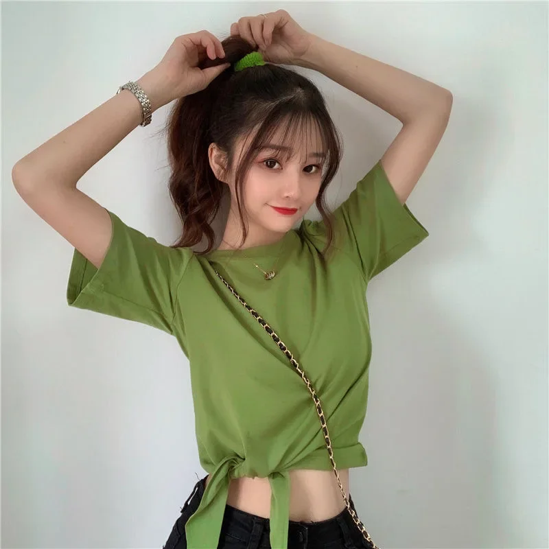 Women's fashion short short-sleeved solid color small T-shirt