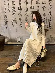 Lnsozkdg 2024 Spring Autumn New Women 2 Pcs Set Knot Button Stand Collar Short Cross Coat + Loose Pleated Waist Long Skirt Suit