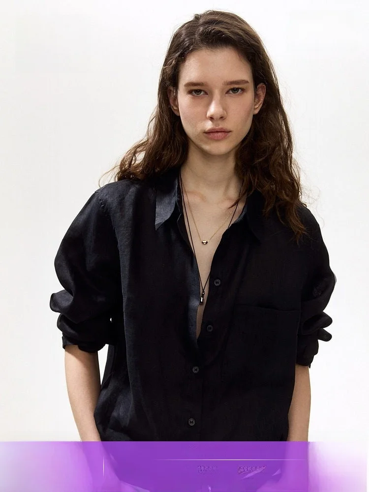 

High Quality Women's Long Sleeve Shirt H&M Outdoor Travel Casual Style Linen Fabric Button Design Flip Collar for Spring 2026