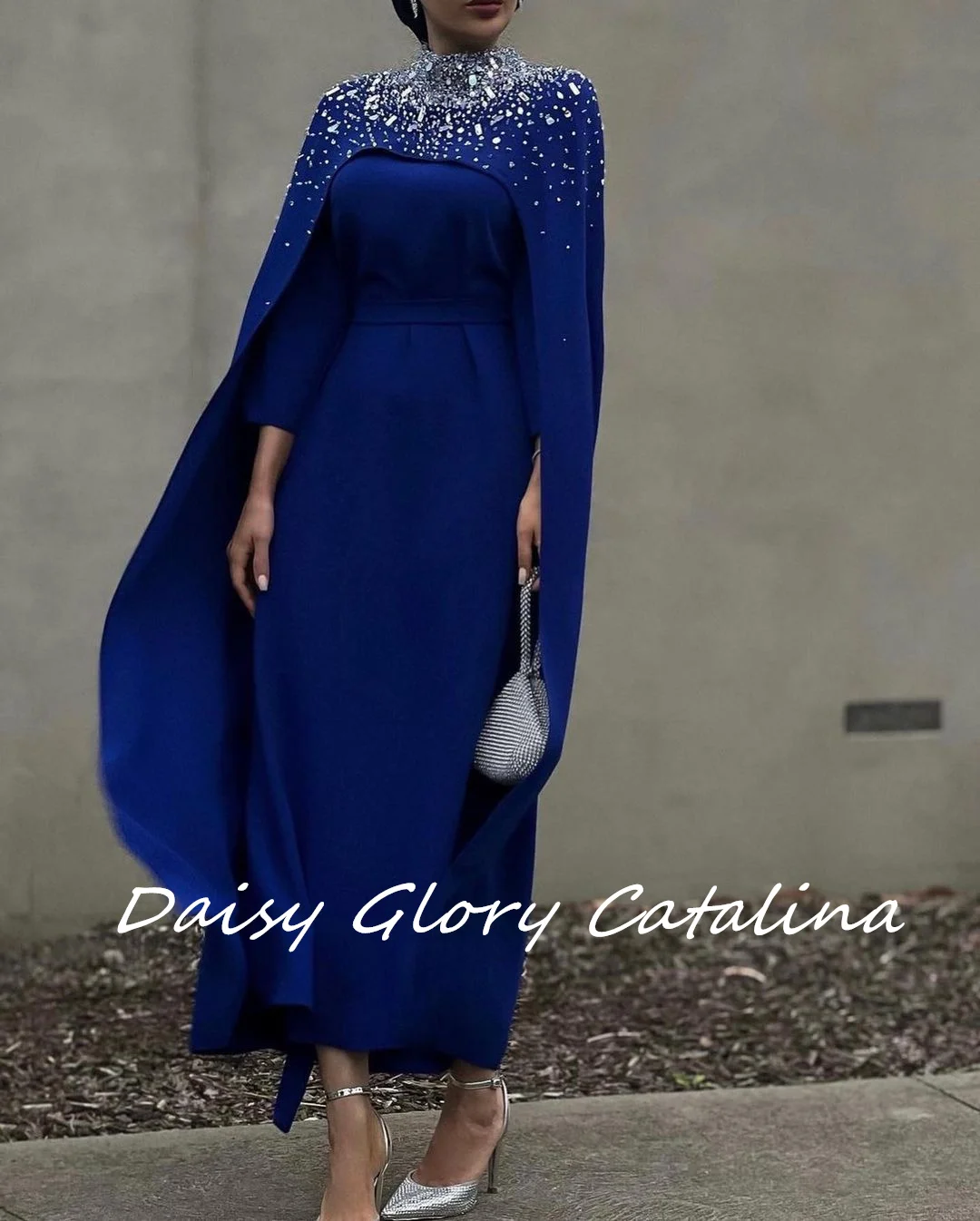 Blue Crystal Evening Dresses Elegant Women Wear Prom Dress Handmade Beaded Wraps Long Sleeves Saudi Arabia Wedding Party Dresses