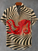 Retro striped red octopus printed casual linen shirt, short-sleeved shirt, high-quality men's shirt 2025 hot style