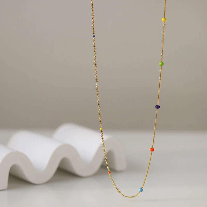 Dopamine Colorful Beaded Spliced Beads Chain Necklace for Women 18K Gold Plated Stainless Steel Stackable Choker Collar Gift