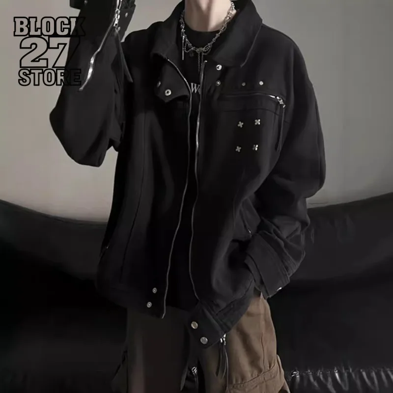 Mens Denim Jacket American Vintage High Street Black Autumn Winter Design Loose Fit Turn Down Collar Chic Harajuku Fashion Wear