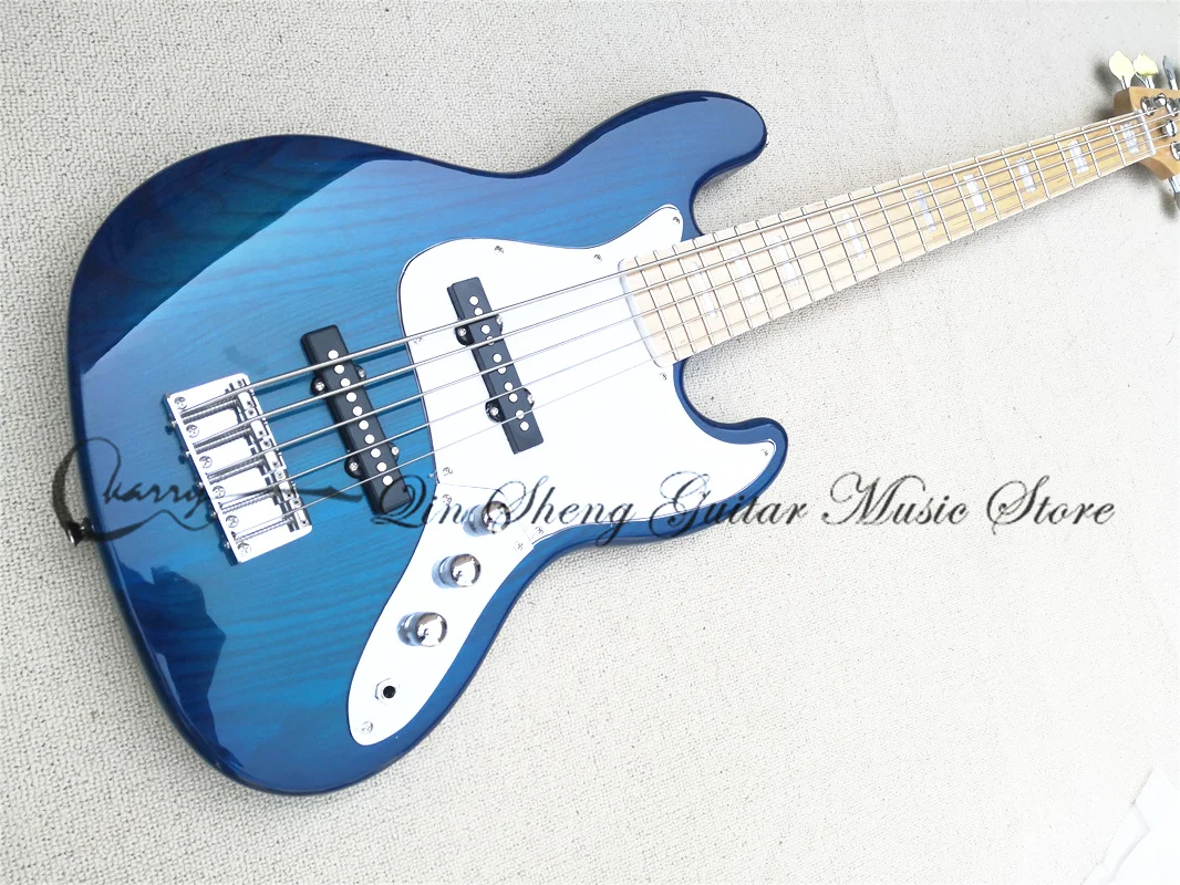 5-string electric bass guitar, JB blue bass, ash body, maple fretboard, fixed bridge, chrome knobs