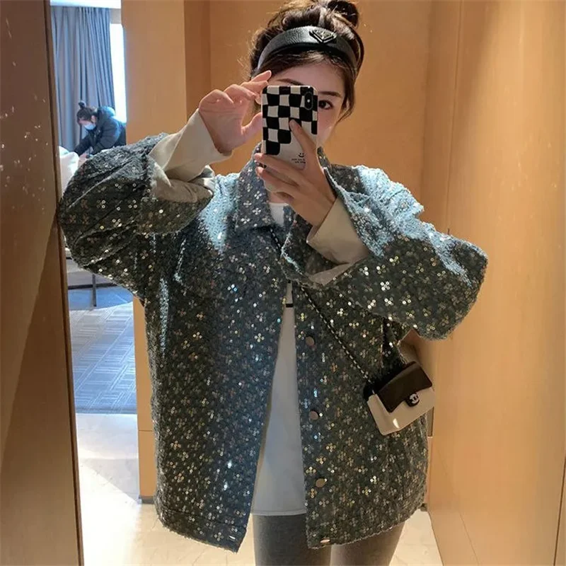 Spring Autumn Sequin Denim Jacket Women 2024 New Fashion Loose Casual Coat Vintage Coat Pure Colour Blue Outerwear Female