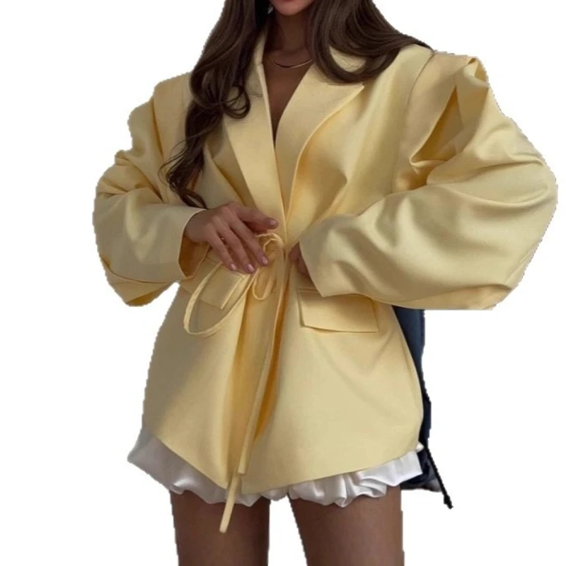 2025 Winter New Temperament Commuter V-Neck Lace-up Jacket Solid Color Blazer Jacket Women