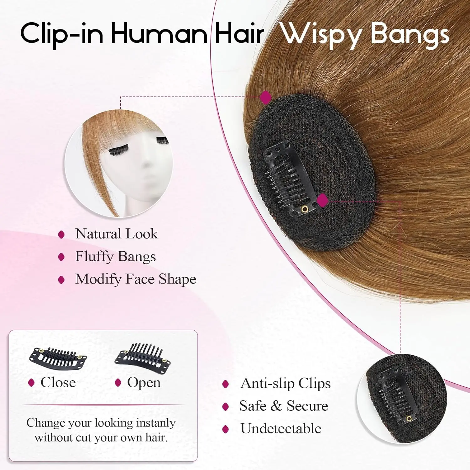 Frangia a clip per donna Frangia francese per capelli umani al 100% castano miele con clip antiscivolo Frangia ad aria nell'estensione dei capelli da indossare ogni giorno