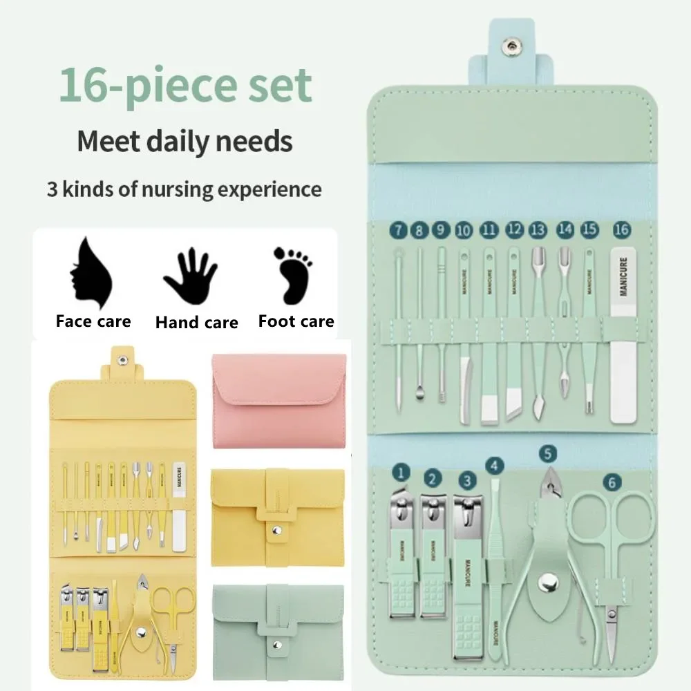 16Pcs Nail Clipper Set Nail Cutter Scissors Nail Polishing Stainless Steel Pedicure Trimmer Folding Storage Bag Manicure Tool