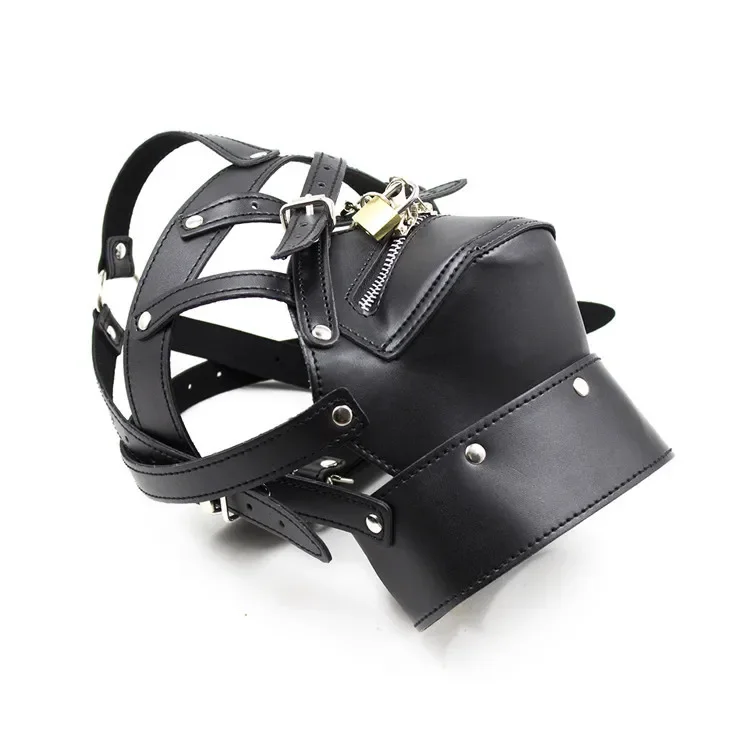 Testa in pelle PU Cappuccio Imbracatura Bocca con serratura Maschera con cerniera Lucchetto Giocattoli sessuali BDSM Bondage Copricapo Schiavo Restraint Gioco per adulti