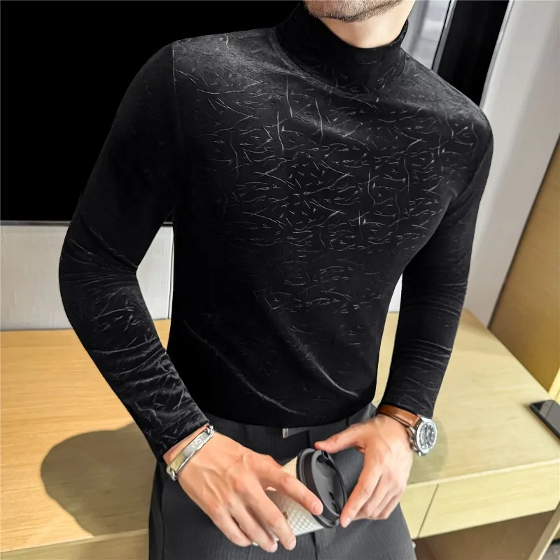 Autumn Winter Men Velvet T-shirt Warm Thickened Solid Casual Elastic Long Sleeve Half High Neck Printing T-shirt Men Clothing
