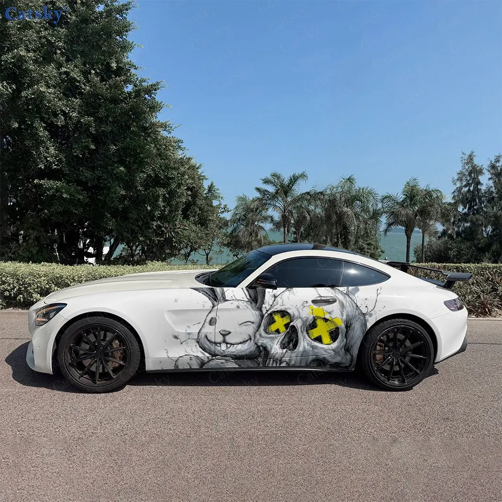 

2pcs Yellow Cross Skull Bunny, Durable, Fade-resistant, Enhance Vehicle Aesthetics With Bold Artistic Design Car Vinyl Wraps