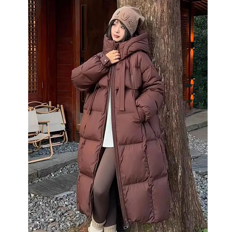 FIGOHR Women\'s Down Cotton Padded Jackets Korean Thickened Warm Long Overcoat Solid Hooded Overall Topcoat 2024 Winter