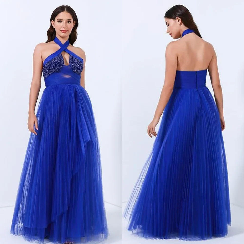 

Customized Modern Style Sexy Tulle Draped Criss-Cross Rhinestone Beading Ball Gown Halter Long Dresses Bespoke Occasion Dresses