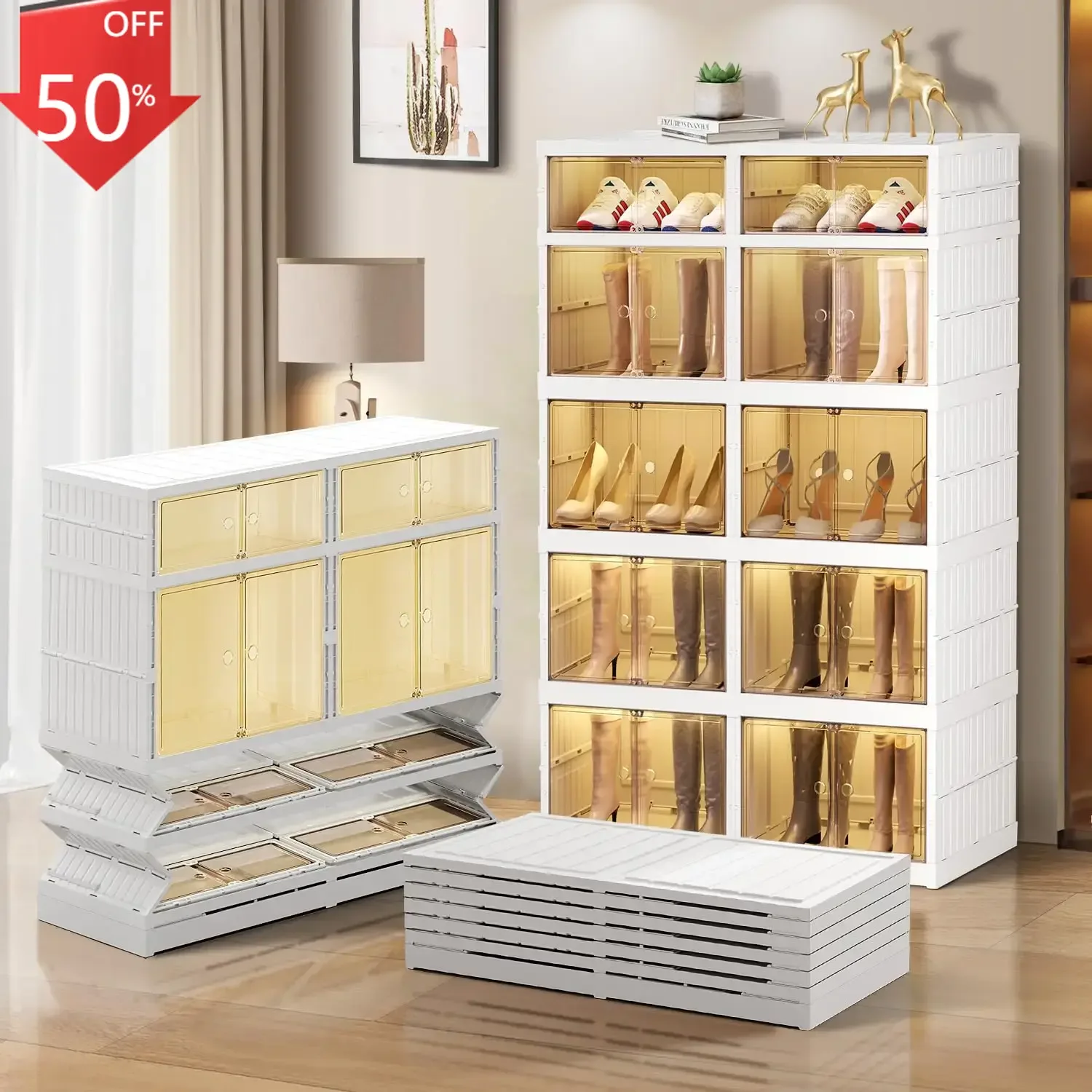 

5-уровневая складная полка для обуви-органайзер для шкафа, 20 пар, пластиковый складной ящик для хранения обуви, прозрачные коробки для обуви, штабелируемые