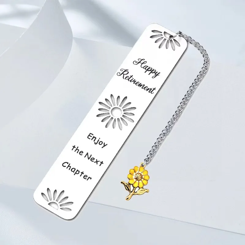 Metal Stainless Steel Sunflower Hanger Bookmark Happy Retirement Gift Pattern Letters Reading Bookmark Learning Supplies