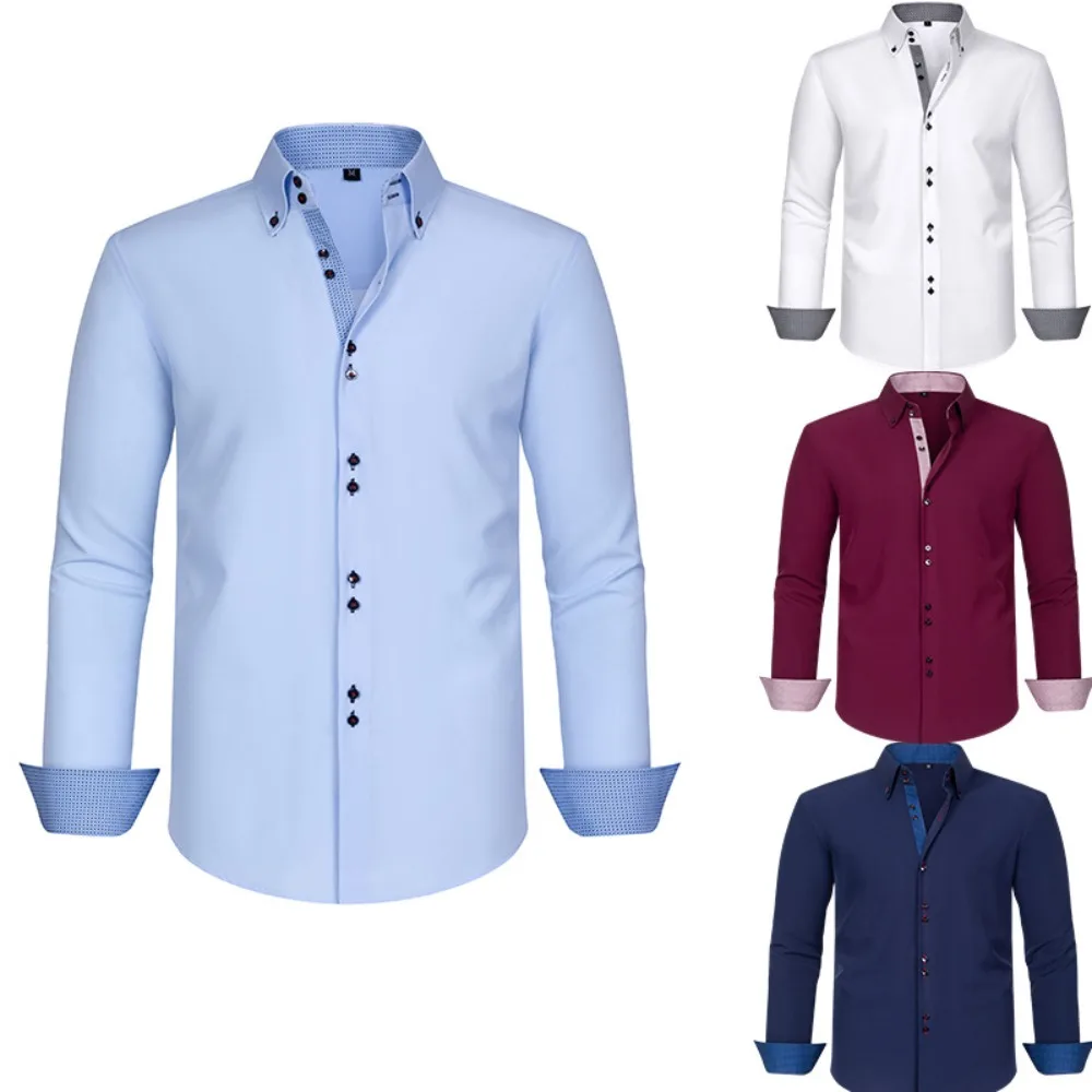 

Men's Fashionable Double-Breasted Shirt with Four-Way Stretch Color-Blocking Design Stylish Casual Dress Shirt for Men