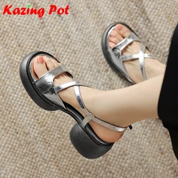 Krazing Pot Genuine Leather Summer Thick Bottom Platform Decorations Casual Buckle Straps Preppy Style Waterproof Women Sandals