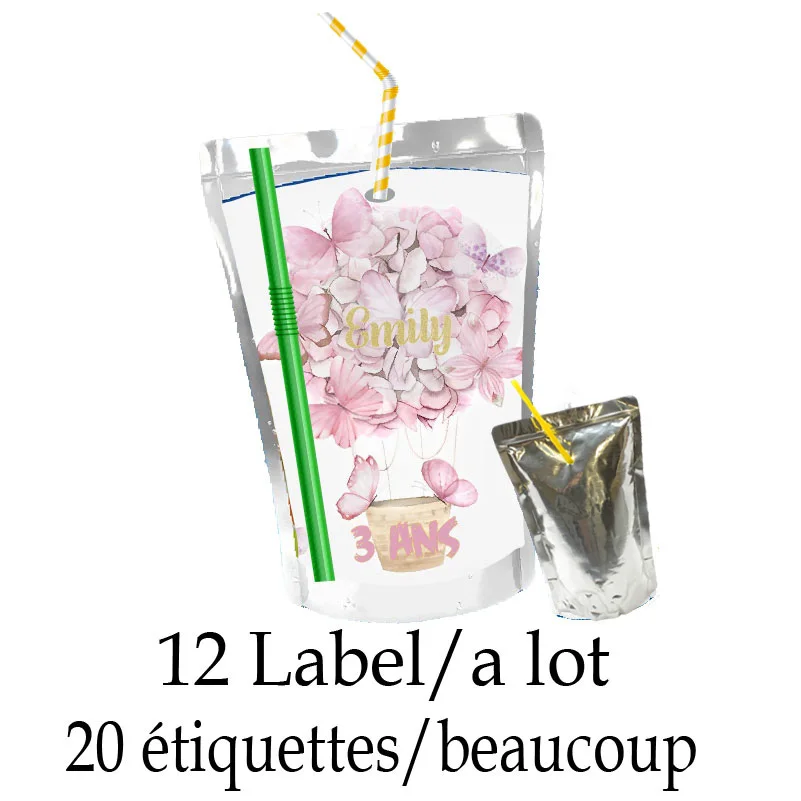20 Butterfly Hot Air Balloon Juice Pouch Labels Favor Tag Gift Bag Candy Box Soap Bubble Water Bottle Stickers Birthday Decor