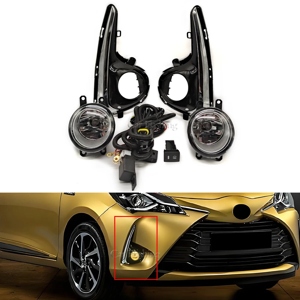 Car LED Fog Light For Toyota Yaris Vitz US type 2018 2019 2020 with Wires Switch Harness Kit angel eyes Fog lamp cover Chrome