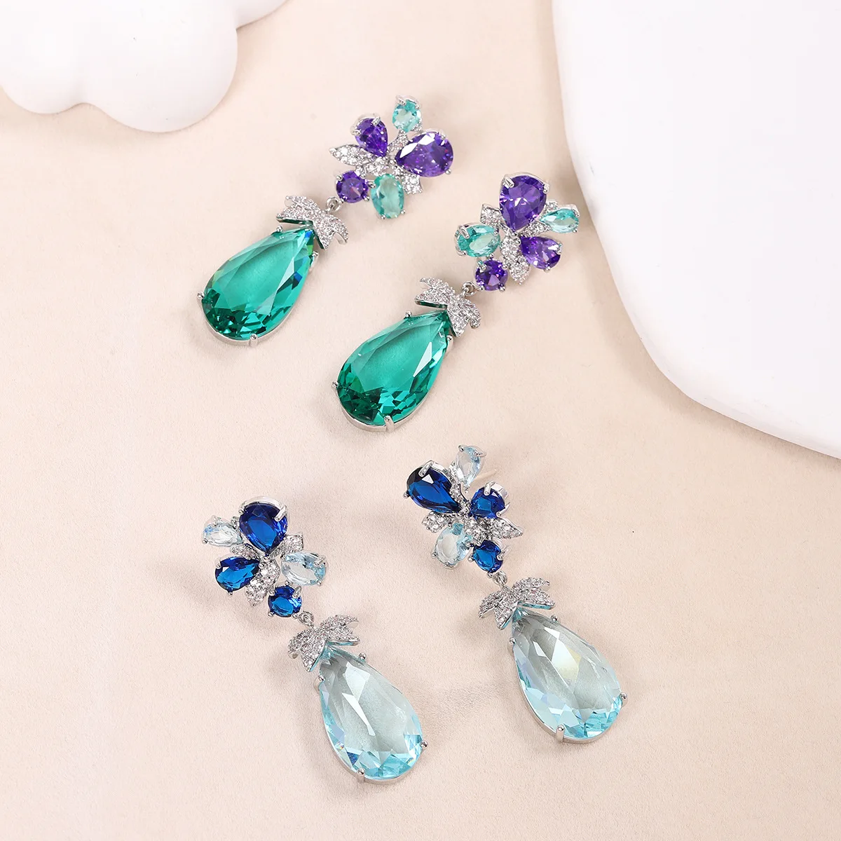 Blue Diamond Flower Set Big Water Drop Baby blue Zircon Luxury Crystal Earrings