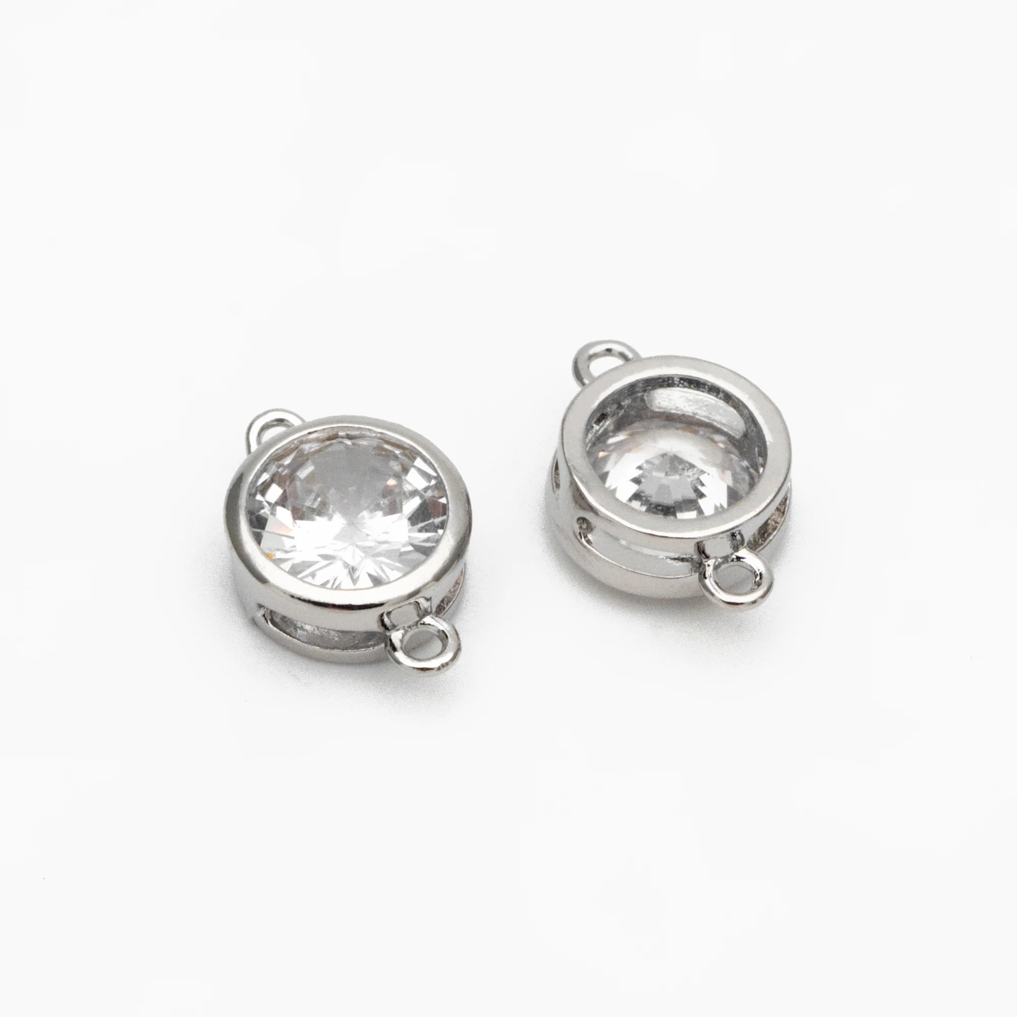 10pcs Gold/ Silver Tone Bezel Gemstone Connector 4/ 5/ 6/ 7mm, 18K Gold/ Rhodium Plated Brass, Clear CZ Coin Charms (GB-011)