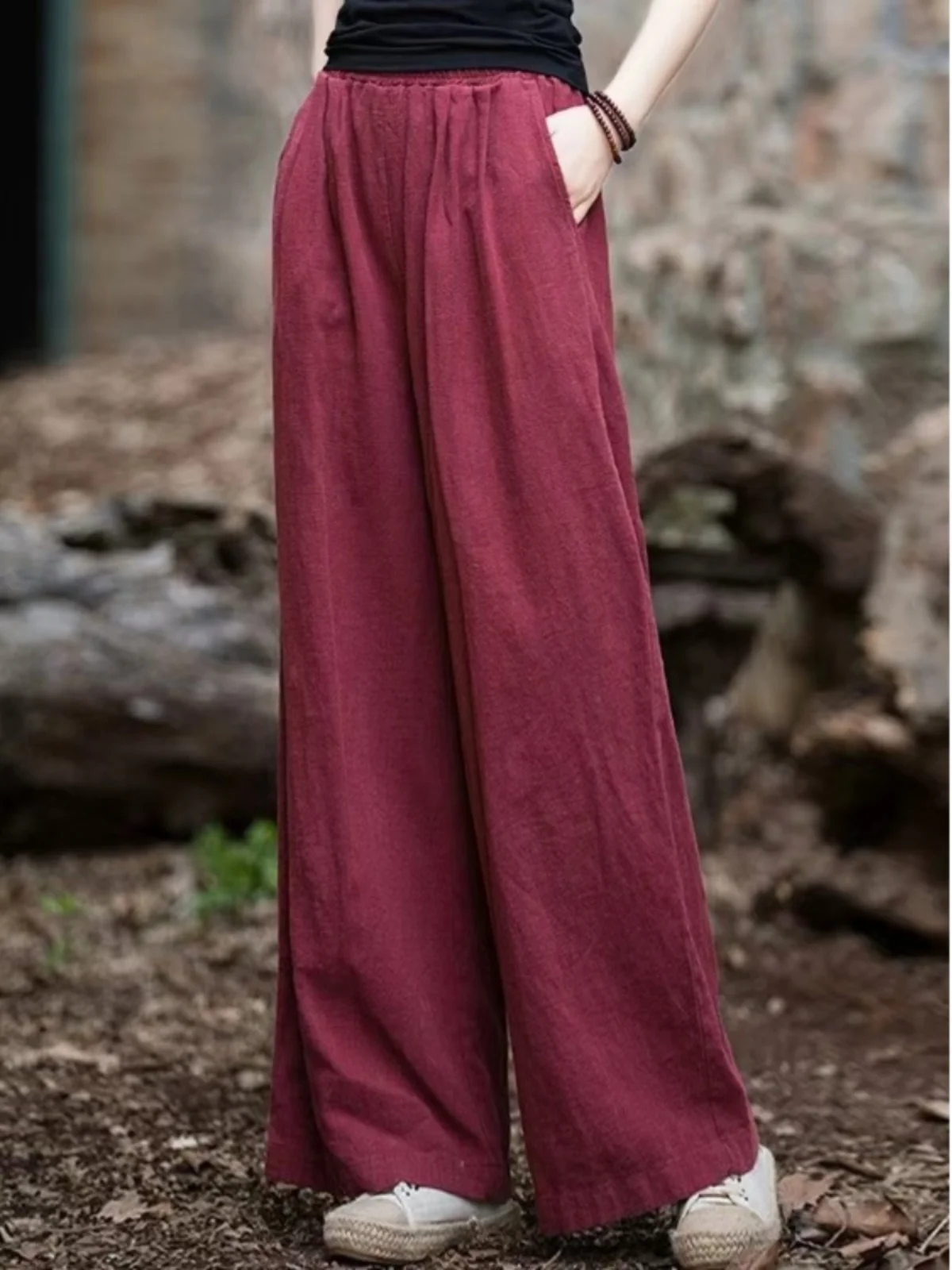 

Хлопковые льняные брюки с широкими штанинами для женщин, весна-лето, в японском стиле, ретро, художественные, эластичные, с высокой талией, драпированные, прямые, повседневные, длинные