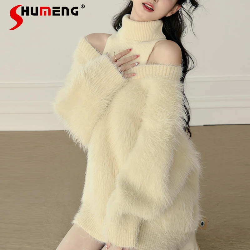 

Pink Sweater New Autumn Winter Sweet Cute Imitation Mink Fur Loose Off-Shoulder Turtleneck Knitting Top Women's Dressing Jumpers