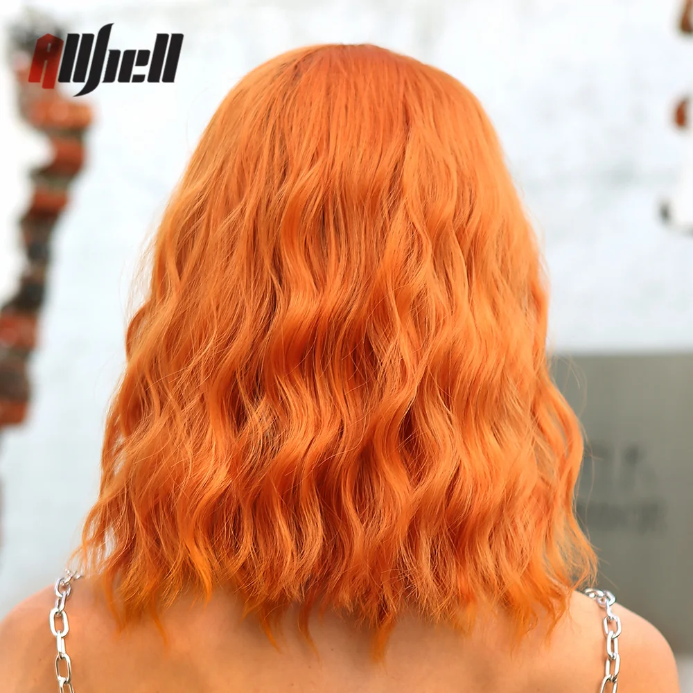 Wig Jahe Tembaga Panjang Bahu Wig Gelombang Air Sintetis Oranye untuk Wanita Wig Cosplay Halloween Harian Tahan Panas dengan Poni