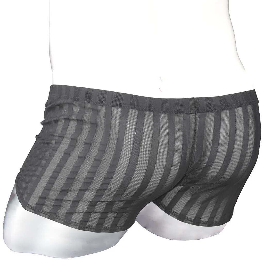 مخطط الصندوق الملابس الداخلية للرجال مثير العشير شبكة تنفس مطبوعة شفافة جذوع مثليون جنسيا منخفضة الارتفاع U محدب الحقيبة السروال