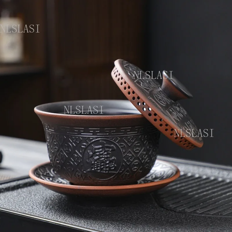 200ml Purple Clay Gaiwan Tea Set with Fu Character Pattern Traditional Zisha Lidded Tea Bowl with Lid and Saucer for Kung Fu Tea