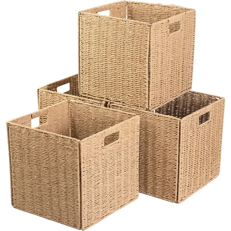 

Paper Woven Storage Baskets Set of 4 Foldable Storage Cube Bins with Handles Storage Cube Baskets for Shelves Cubby Woven