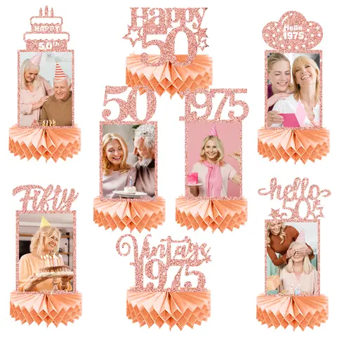 8Pcs Happy 50th Birthday Decorations Honeycomb Centerpieces for Women, Pink Rose Gold Glitter Hello 50 Birthday Photo Table