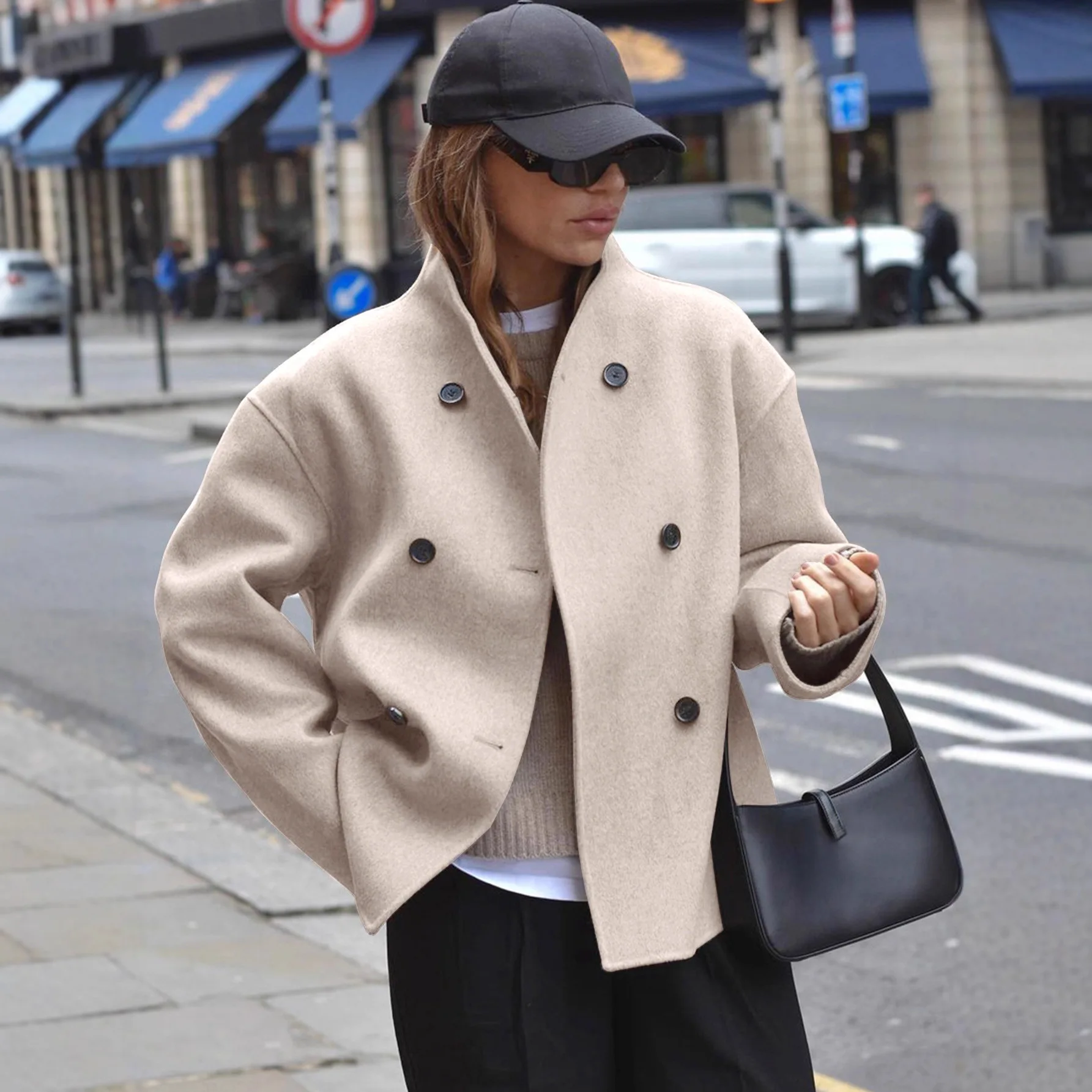 

Women's Mid-Length Woolen Coat Double-Breasted round Neck Utility Style Fashionable British Atmosphere Khaki Color Warmth Ins...