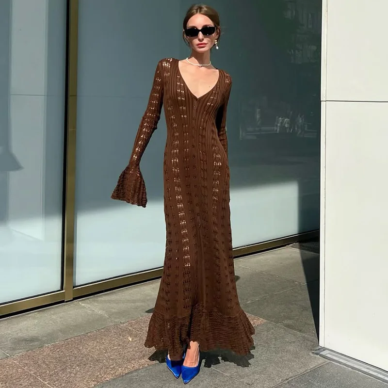 

Hollow Knitted Dress for Women Fashion Flared Long Sleeve Casual Vacation Maxi Dress New Summer Cardigan Dress Knitwear