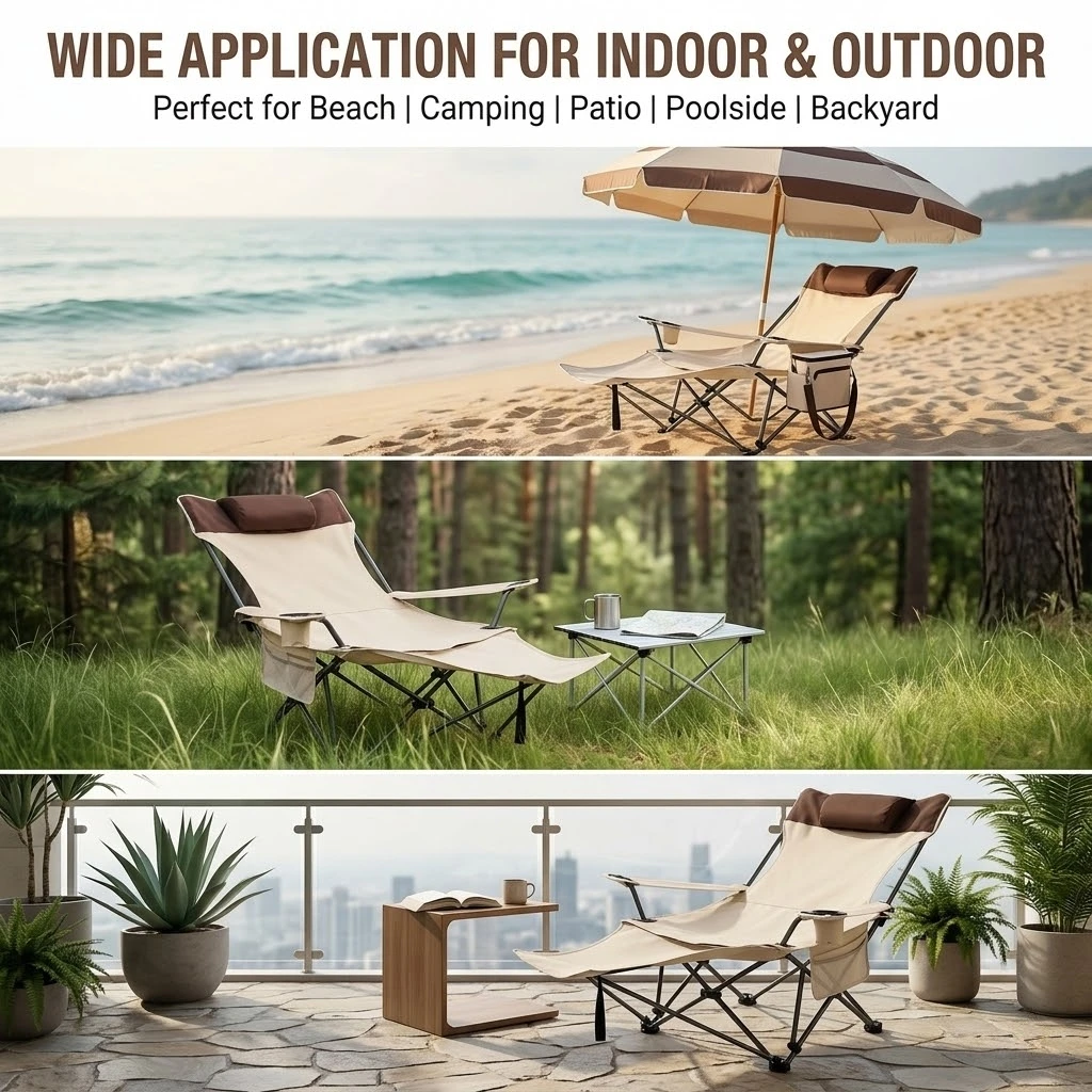 Folding Outdoor Recliner Lounge Chair with Footrest & Headrest, Heavy Duty Foldable Camping Chair with Cup Holder Storage Pocket