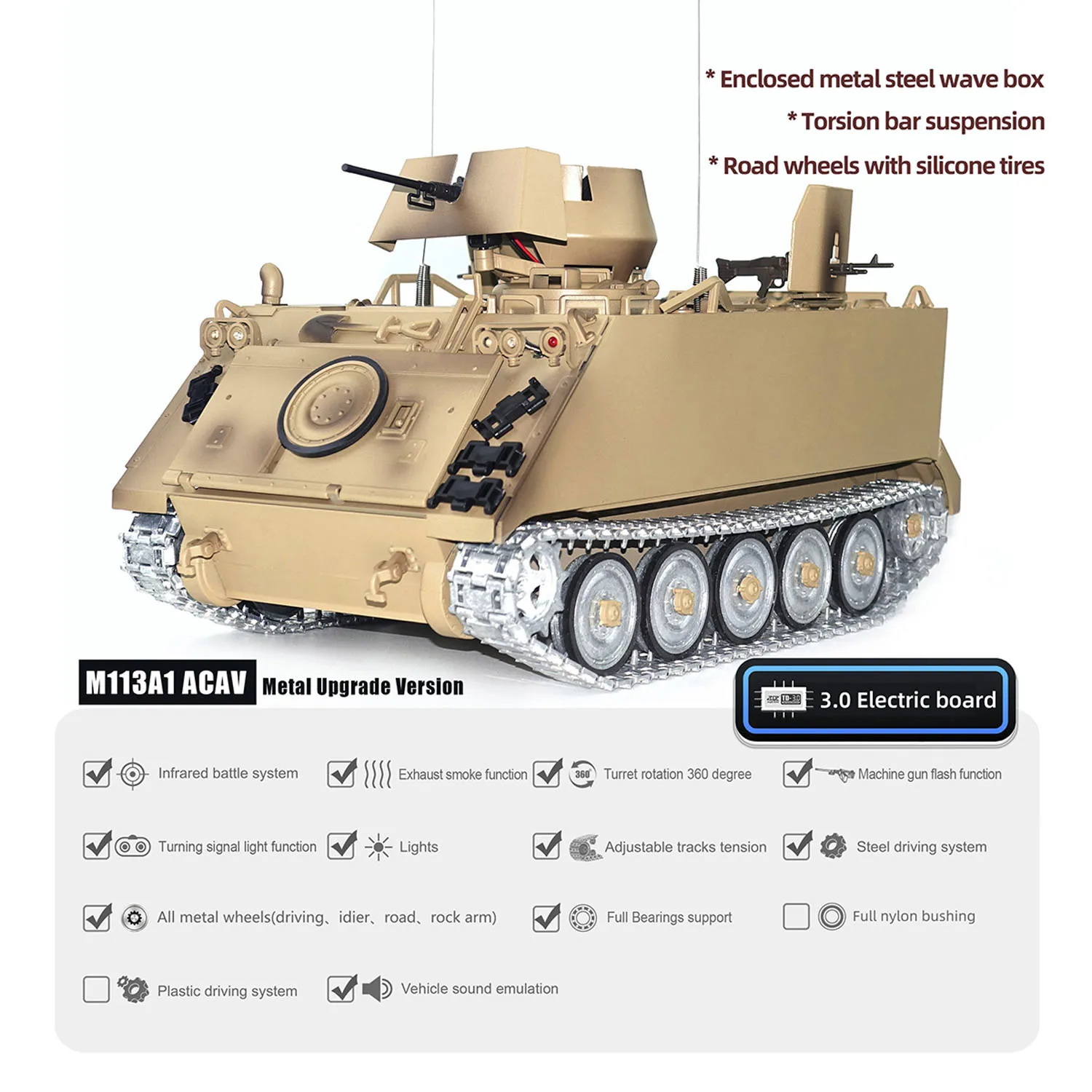 TD RC Tank 1:16 M2412-B M113A1 ACAV 360-revolverrotatie Infrarood metalen wielen Versnellingsbak Rookeenheid Radiobesturing Militaire panzer