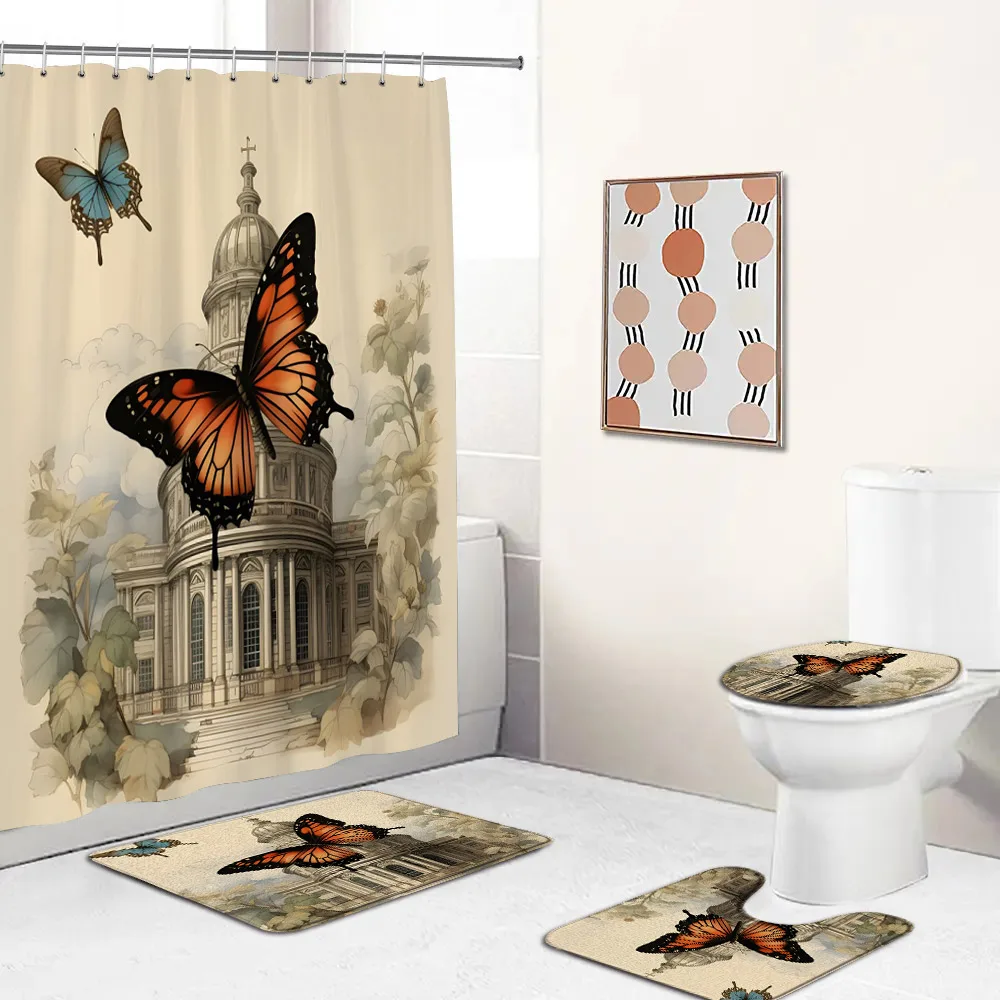 Colorful Butterfly Floral Shower Curtain Set Flower Plant Blooming Blossom Bath Decor Home Carpet Bathtub Rug Toilet Lid Cover