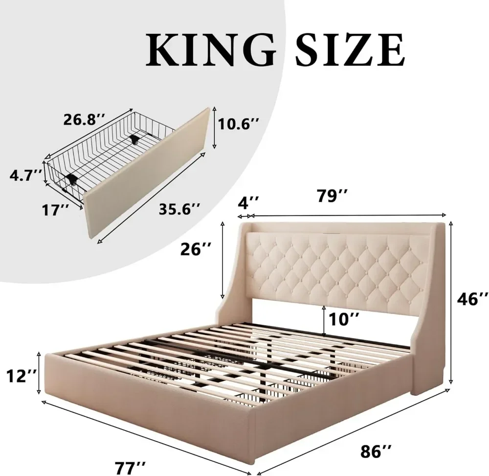 Cama king size com gavetas de armazenamento, plataforma estofada, armazenamento Wingback cabeceira, tipo C e portas USB, ZL