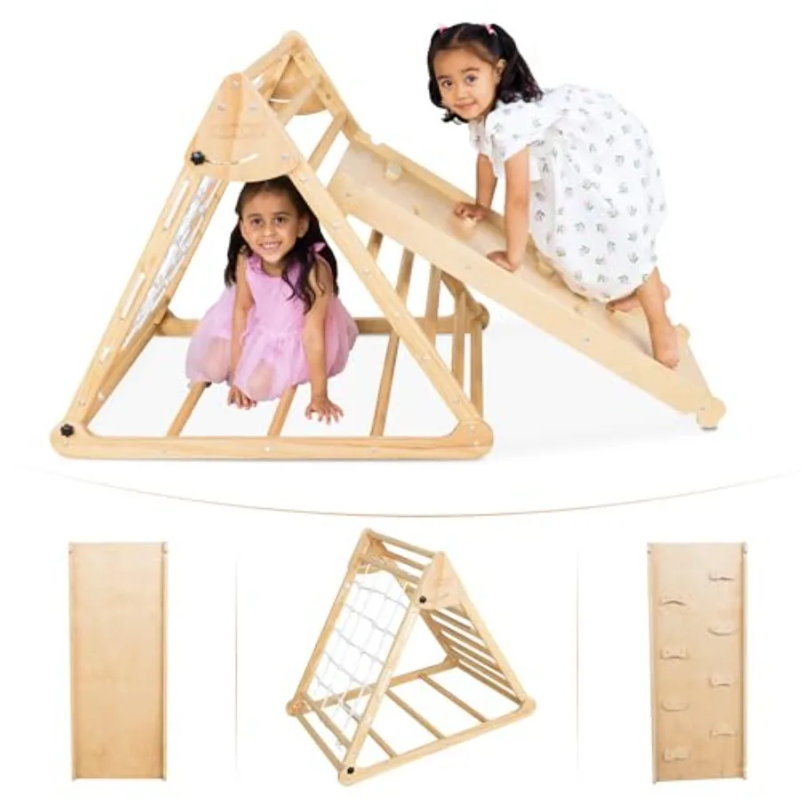 

Foldable Wooden Pikler Triangle Climber Ramp Arch for Toddlers 4 in 1 Montessori Play Set - 3 Piece Gym in Natural Wood Finish