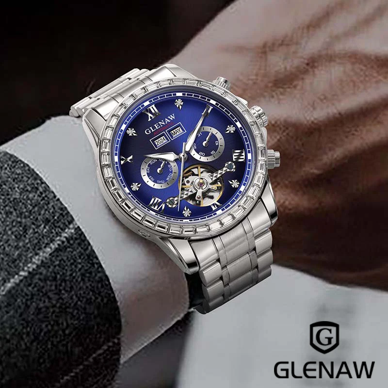 

GLENAW Design Новые многофункциональные механические часы для мужчин, деловой отдых, ремешок из нержавеющей стали, водонепроницаемые роскошные часы с календарем