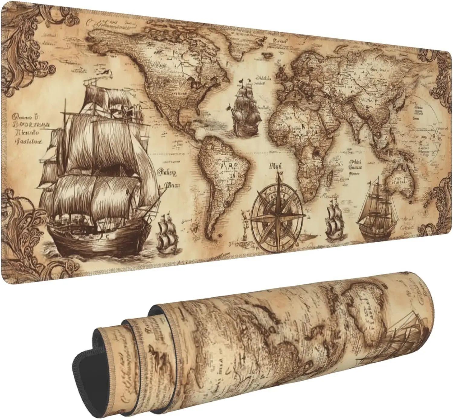 Nautical Compass Extended Gaming Mouse Pad – XL Large Desk Mat with Stitched Edges for Gamers and Home Office