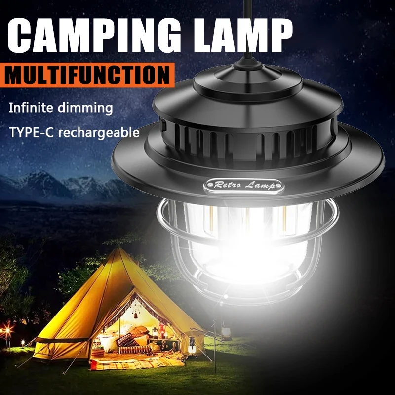 Retro Portable Led Camping Lantern Waterproof Emergency Tent Light Stepless Dimmable Hanging Tent Lamp Outdoor Hiking Working