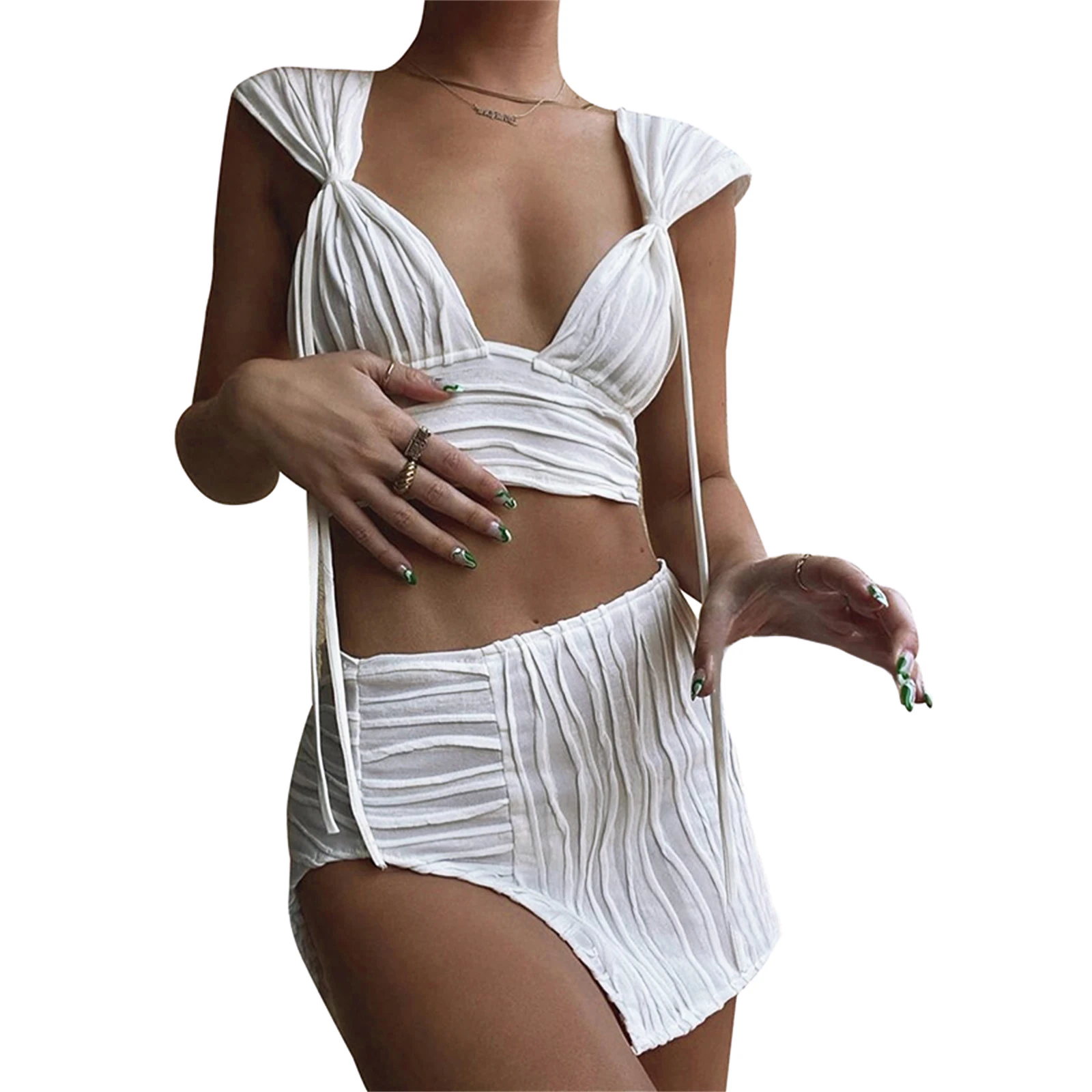 2 Piece Set Women Sexy Outfits Summer Sleeveless Backless Bandage White Crop Top and Irregular Ruched Skirt Night Club Outfits